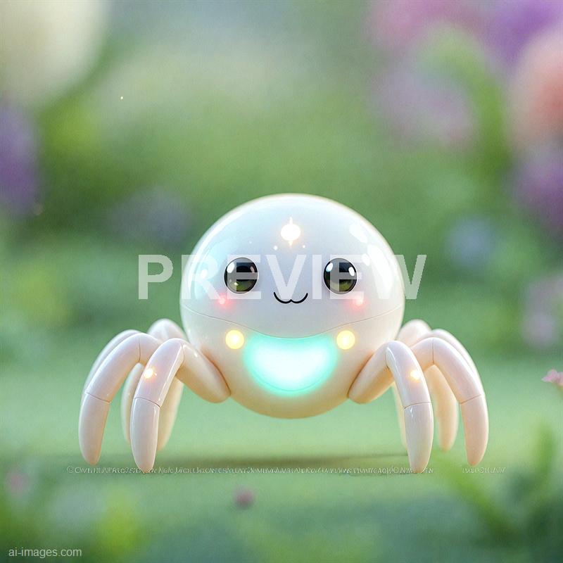 The image features a cute, robotic crab with a shiny, rounded white body that has a friendly, smiling face with large, expressive black eyes and pink cheeks. It has four articulated legs on each side, with a soft pinkish hue, and is set against a blurred background of green and purple foliage, giving a whimsical and playful vibe. The robot crab also has glowing lights on its body, emphasizing its friendly and inviting appearance.